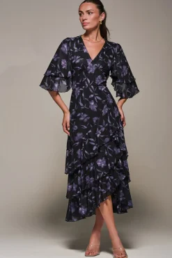 Jolie Moi Occasion Dresses-Frill Trim Mesh Maxi Dress, Purple Floral