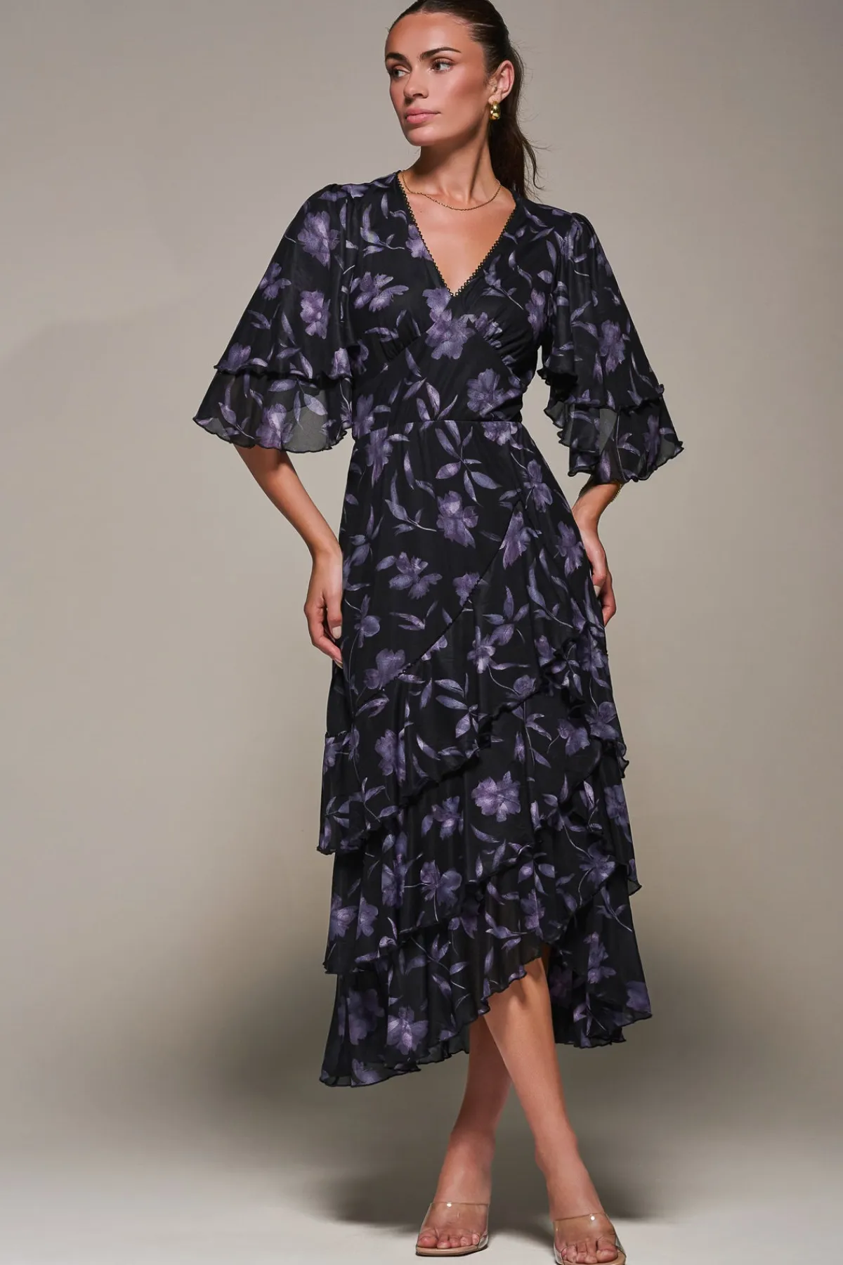 Jolie Moi Occasion Dresses-Frill Trim Mesh Maxi Dress, Purple Floral