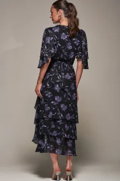 Jolie Moi Occasion Dresses-Frill Trim Mesh Maxi Dress, Purple Floral