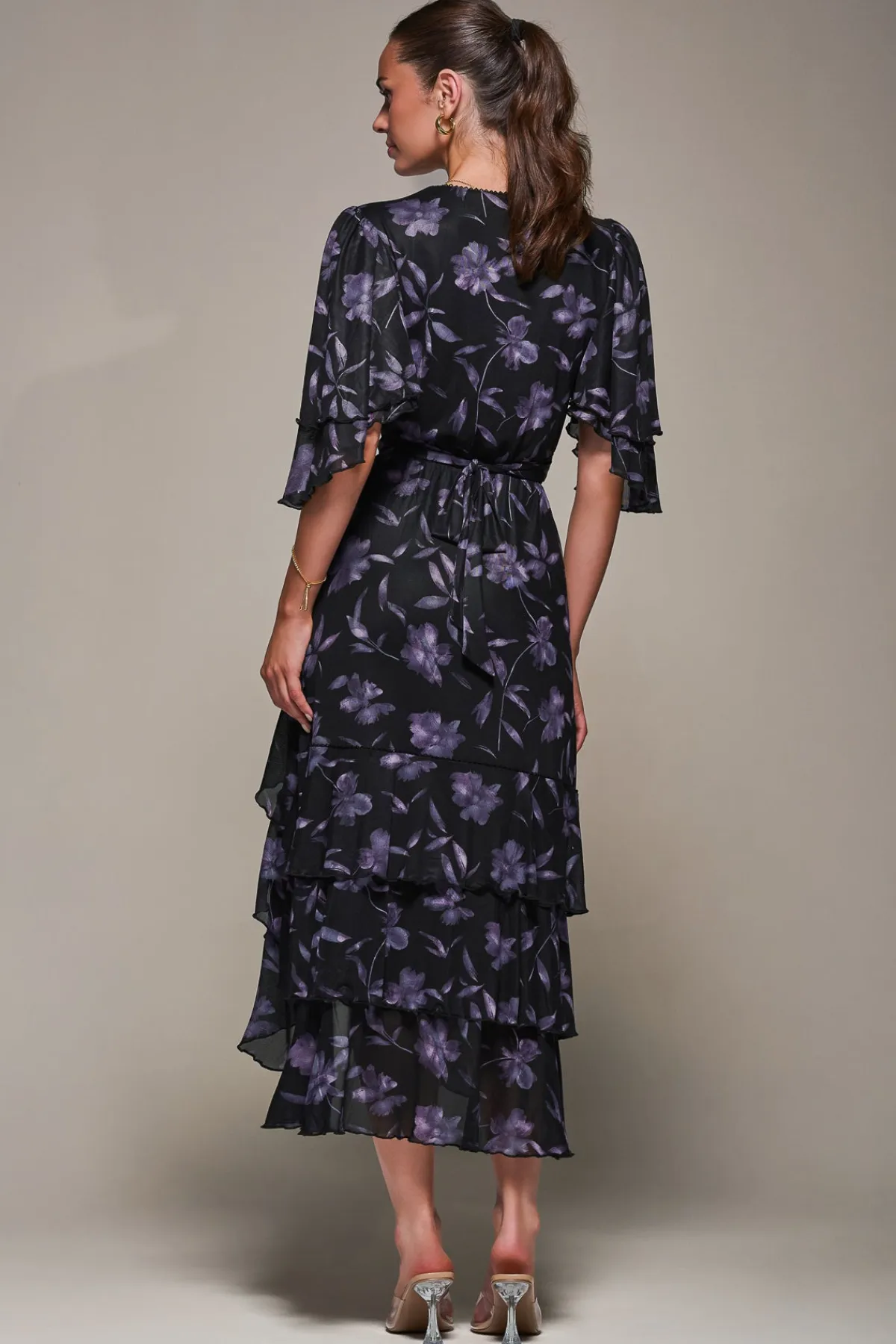 Jolie Moi Occasion Dresses-Frill Trim Mesh Maxi Dress, Purple Floral