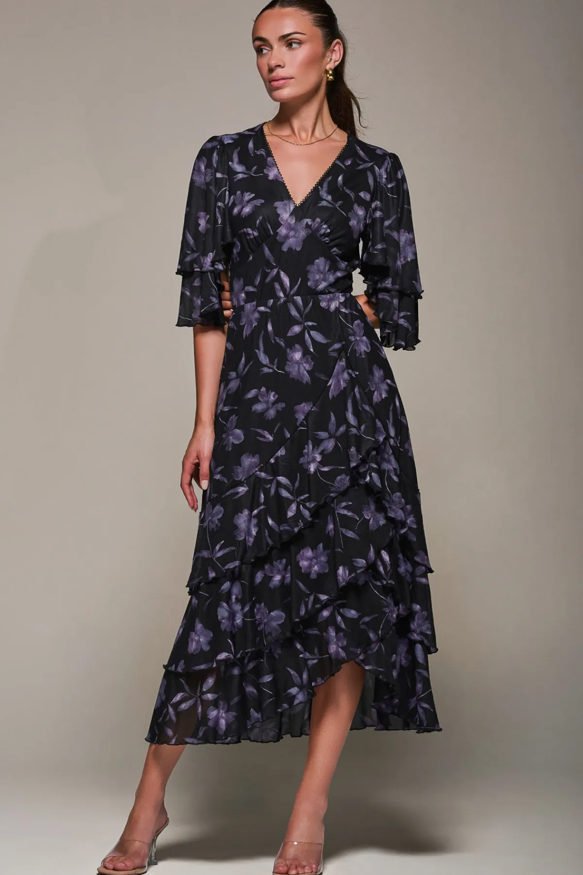 Jolie Moi Occasion Dresses-Frill Trim Mesh Maxi Dress, Purple Floral