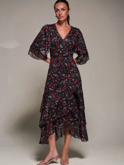 Jolie Moi Occasion Dresses|Weekend Casuals-Frill Trim Mesh Maxi Dress, Red Cherry