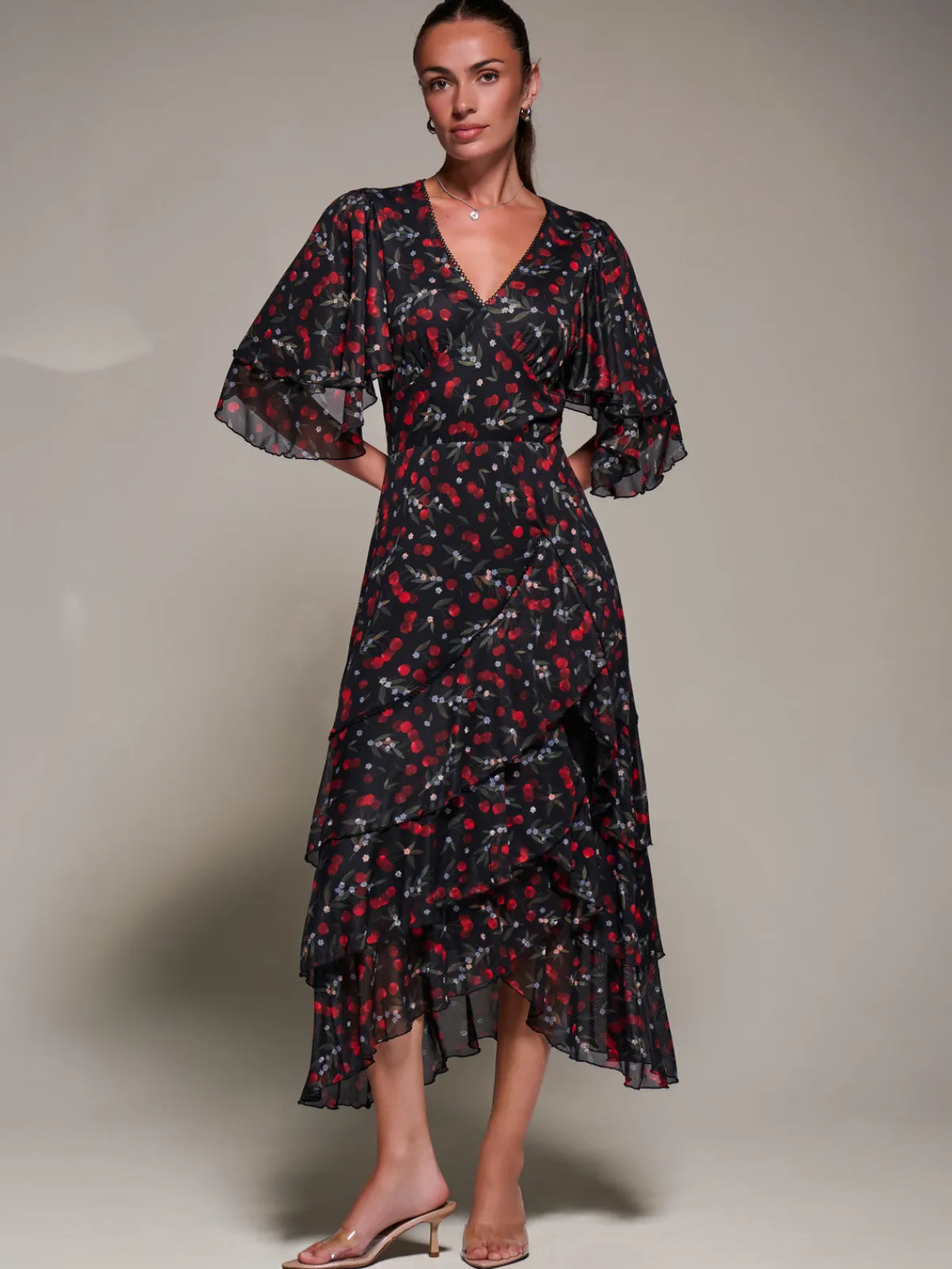 Jolie Moi Occasion Dresses|Weekend Casuals-Frill Trim Mesh Maxi Dress, Red Cherry