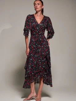 Jolie Moi Occasion Dresses|Weekend Casuals-Frill Trim Mesh Maxi Dress, Red Cherry