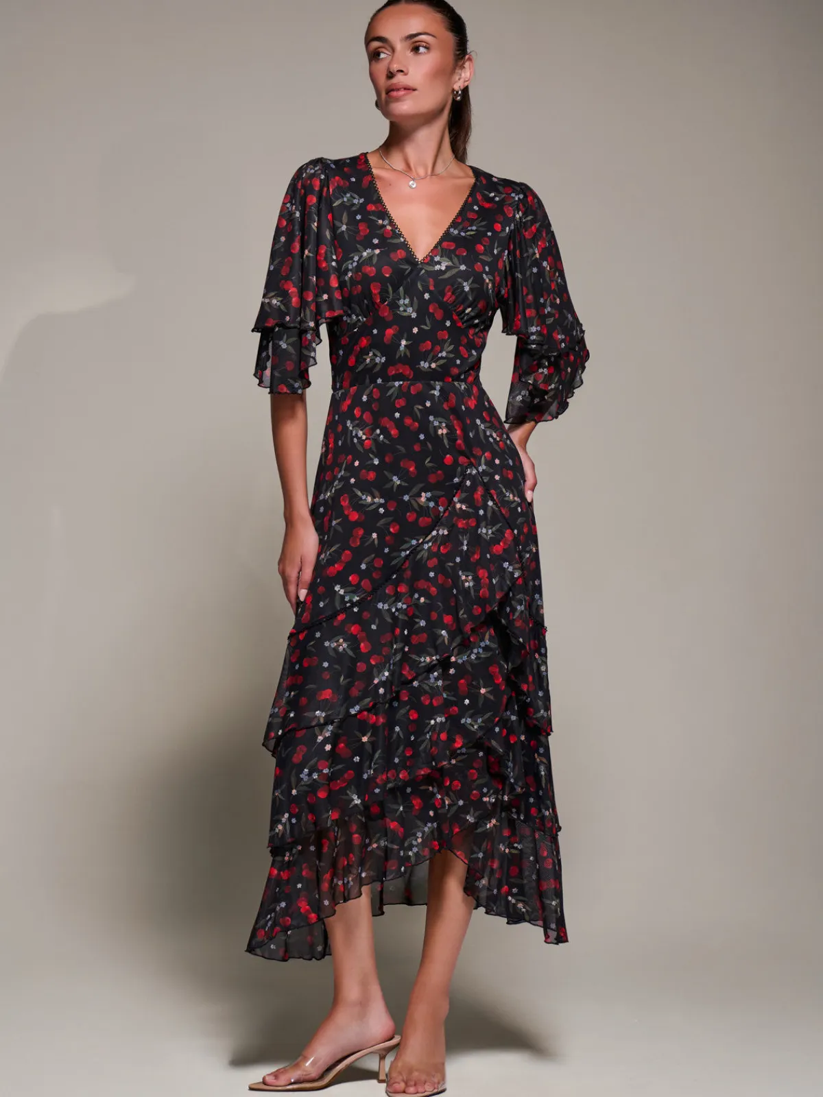 Jolie Moi Occasion Dresses|Weekend Casuals-Frill Trim Mesh Maxi Dress, Red Cherry