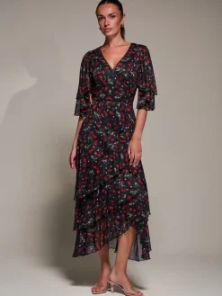 Jolie Moi Occasion Dresses|Weekend Casuals-Frill Trim Mesh Maxi Dress, Red Cherry