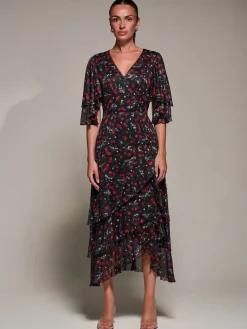 Jolie Moi Occasion Dresses|Weekend Casuals-Frill Trim Mesh Maxi Dress, Red Cherry