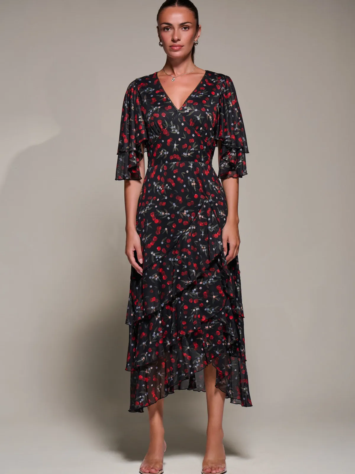 Jolie Moi Occasion Dresses|Weekend Casuals-Frill Trim Mesh Maxi Dress, Red Cherry