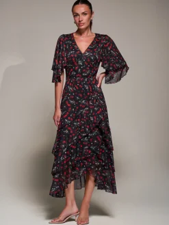 Jolie Moi Occasion Dresses|Weekend Casuals-Frill Trim Mesh Maxi Dress, Red Cherry