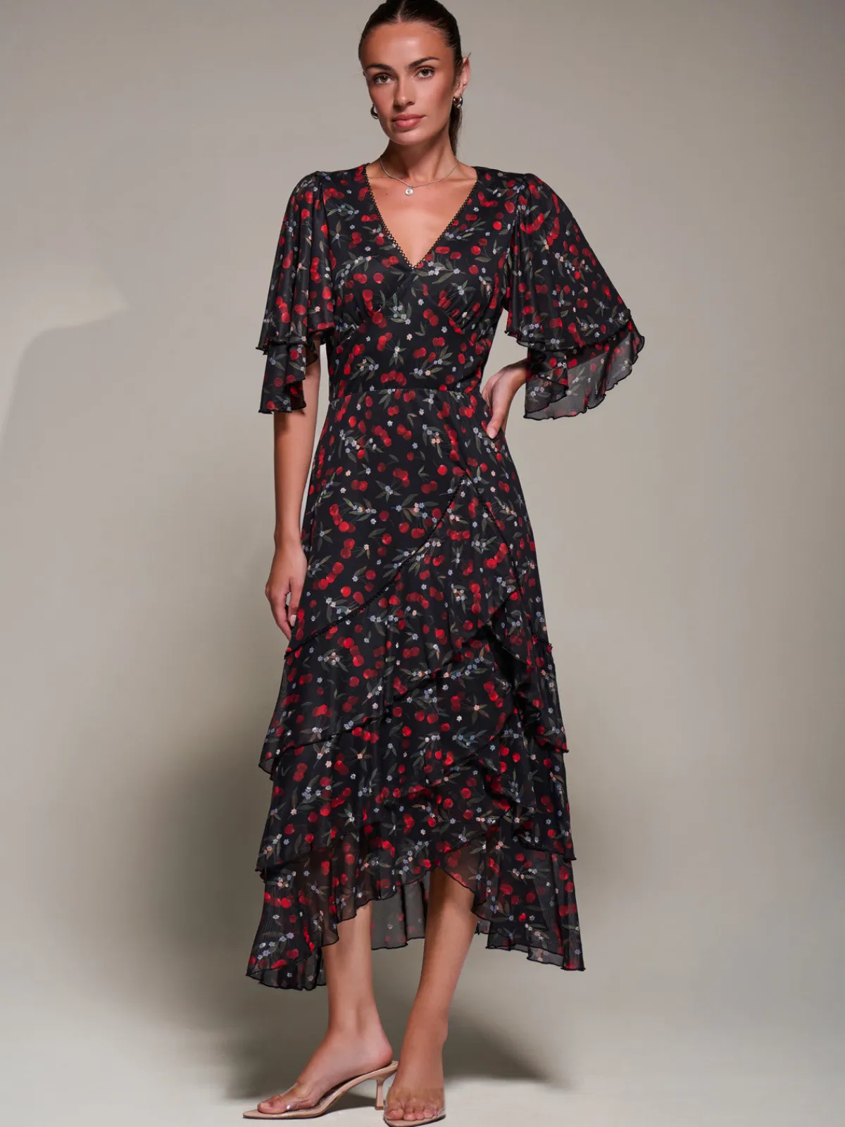 Jolie Moi Occasion Dresses|Weekend Casuals-Frill Trim Mesh Maxi Dress, Red Cherry