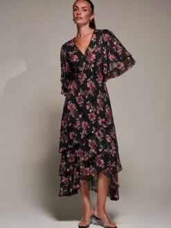 Jolie Moi Occasion Dresses|Floral Dresses-Frill Trim Mesh Maxi Dress, Red Floral