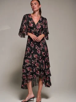Jolie Moi Occasion Dresses|Floral Dresses-Frill Trim Mesh Maxi Dress, Red Floral
