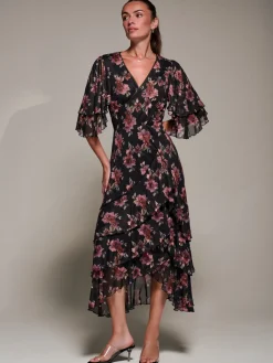 Jolie Moi Occasion Dresses|Floral Dresses-Frill Trim Mesh Maxi Dress, Red Floral