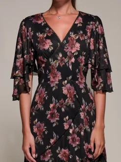 Jolie Moi Occasion Dresses|Floral Dresses-Frill Trim Mesh Maxi Dress, Red Floral