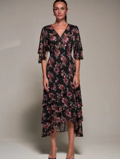 Jolie Moi Occasion Dresses|Floral Dresses-Frill Trim Mesh Maxi Dress, Red Floral
