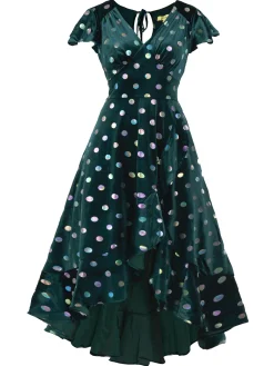 Jolie Moi Occasion Dresses|Velvet Dresses-Frill Velvet Spot Dress, Green Spot