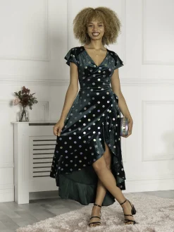 Jolie Moi Occasion Dresses|Velvet Dresses-Frill Velvet Spot Dress, Green Spot
