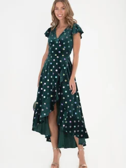 Jolie Moi Occasion Dresses|Velvet Dresses-Frill Velvet Spot Dress, Green Spot