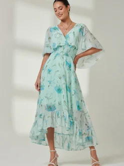 Jolie Moi Occasion Dresses|Floral Dresses-Frill V-neck Chiffon Maxi Dress, Green Floral