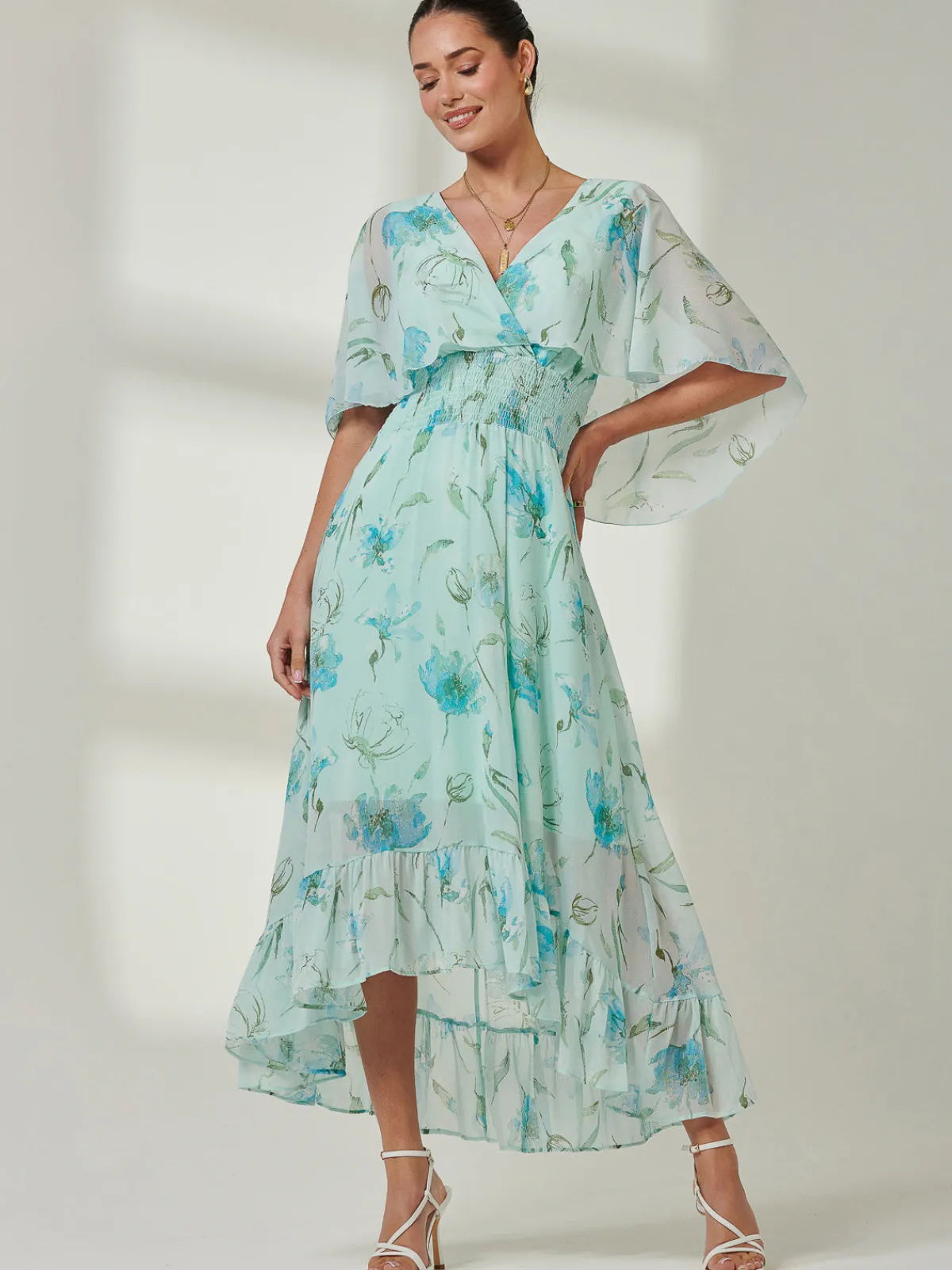 Jolie Moi Occasion Dresses|Floral Dresses-Frill V-neck Chiffon Maxi Dress, Green Floral