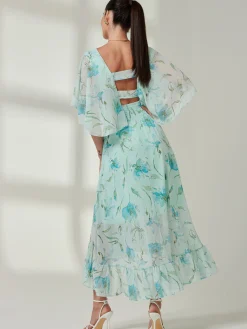 Jolie Moi Occasion Dresses|Floral Dresses-Frill V-neck Chiffon Maxi Dress, Green Floral