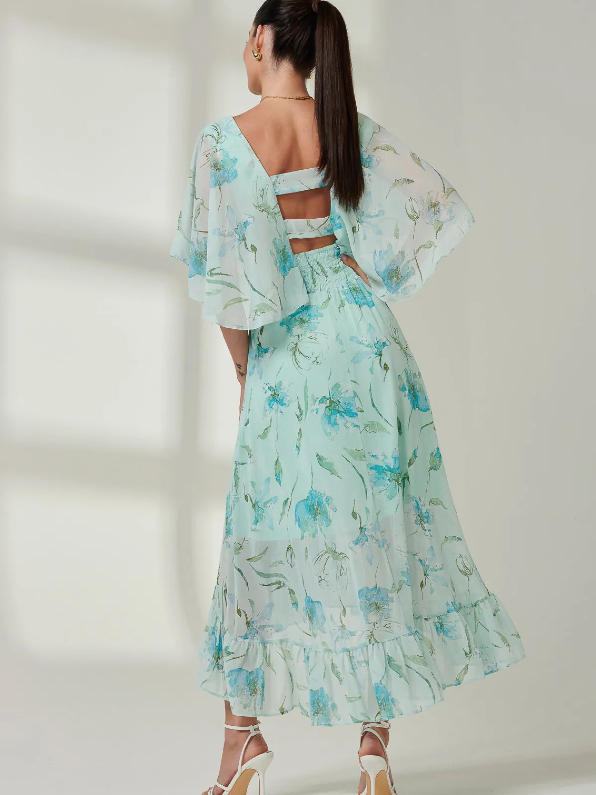 Jolie Moi Occasion Dresses|Floral Dresses-Frill V-neck Chiffon Maxi Dress, Green Floral