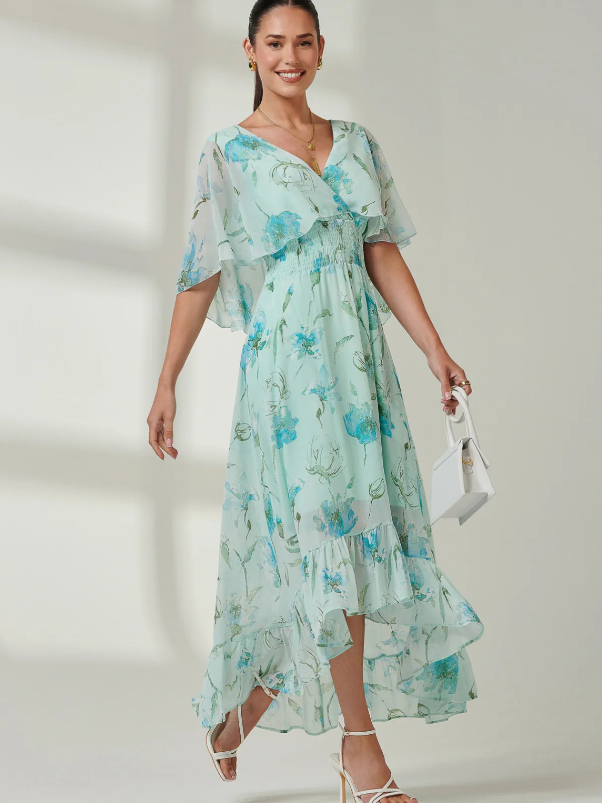 Jolie Moi Occasion Dresses|Floral Dresses-Frill V-neck Chiffon Maxi Dress, Green Floral