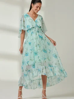 Jolie Moi Occasion Dresses|Floral Dresses-Frill V-neck Chiffon Maxi Dress, Green Floral