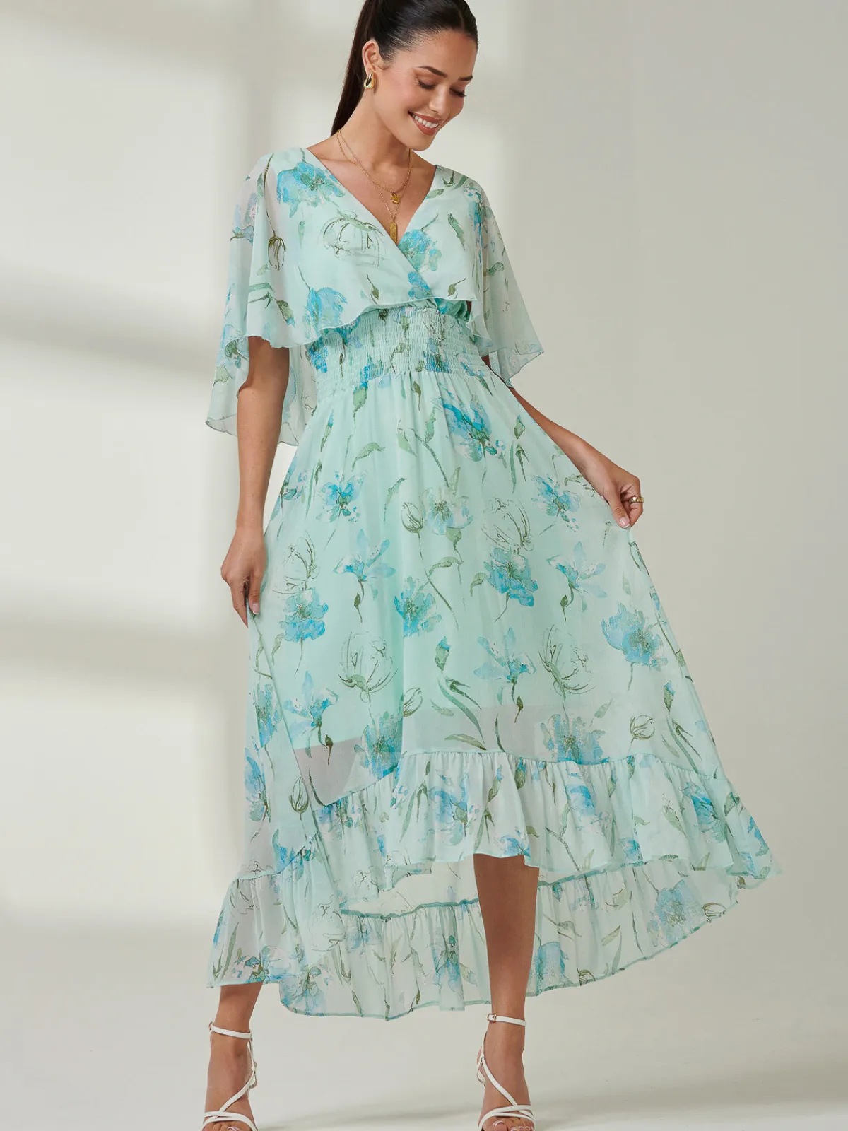 Jolie Moi Occasion Dresses|Floral Dresses-Frill V-neck Chiffon Maxi Dress, Green Floral