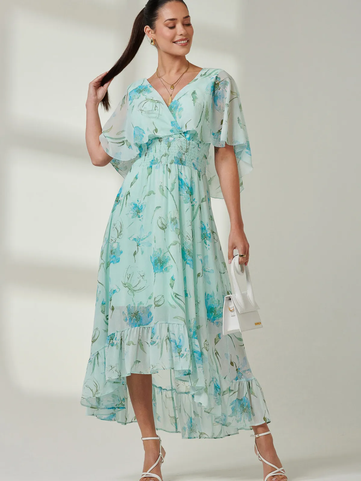 Jolie Moi Occasion Dresses|Floral Dresses-Frill V-neck Chiffon Maxi Dress, Green Floral