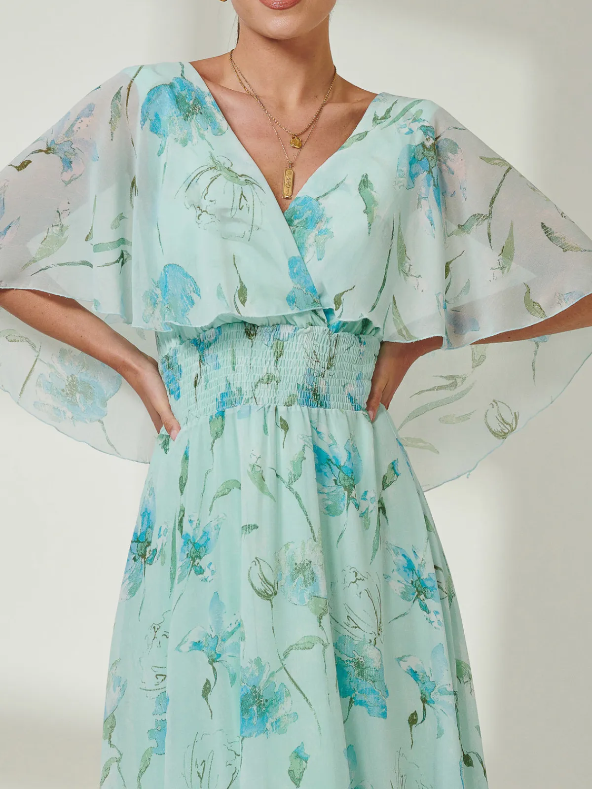 Jolie Moi Occasion Dresses|Floral Dresses-Frill V-neck Chiffon Maxi Dress, Green Floral