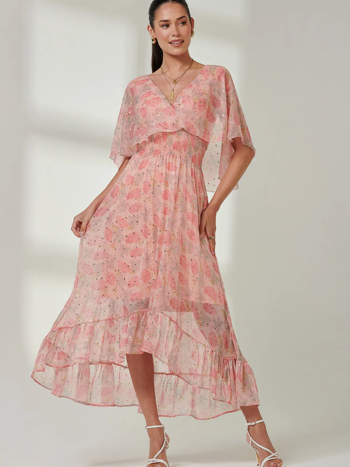 Jolie Moi Occasion Dresses|Floral Dresses-Frill V-neck Chiffon Maxi Dress, Orange Multi