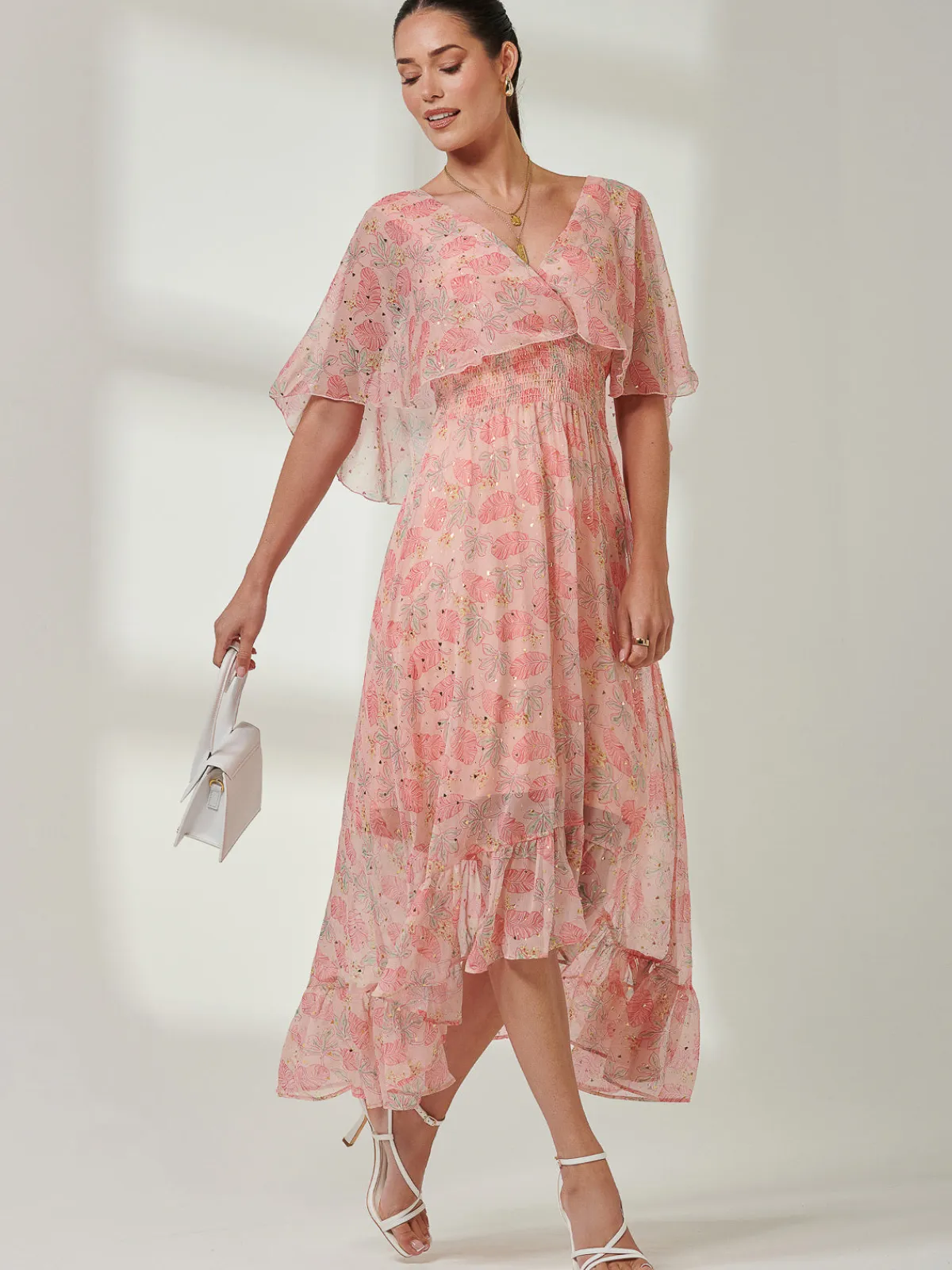 Jolie Moi Occasion Dresses|Floral Dresses-Frill V-neck Chiffon Maxi Dress, Orange Multi