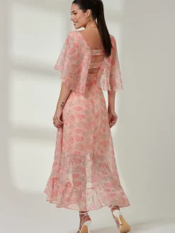 Jolie Moi Occasion Dresses|Floral Dresses-Frill V-neck Chiffon Maxi Dress, Orange Multi