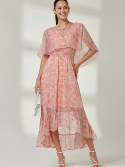 Jolie Moi Occasion Dresses|Floral Dresses-Frill V-neck Chiffon Maxi Dress, Orange Multi
