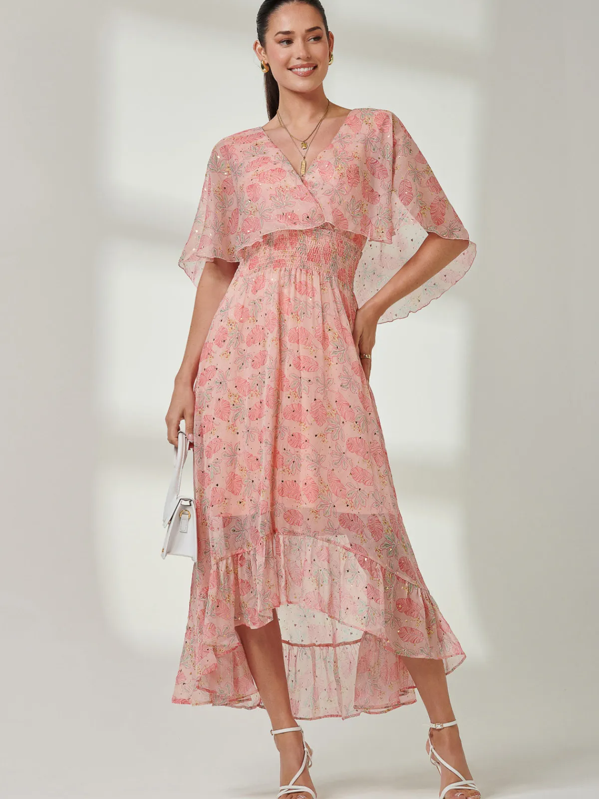 Jolie Moi Occasion Dresses|Floral Dresses-Frill V-neck Chiffon Maxi Dress, Orange Multi