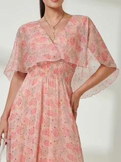 Jolie Moi Occasion Dresses|Floral Dresses-Frill V-neck Chiffon Maxi Dress, Orange Multi