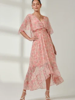 Jolie Moi Occasion Dresses|Floral Dresses-Frill V-neck Chiffon Maxi Dress, Orange Multi