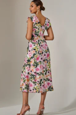 Jolie Moi Occasion Dresses|Weekend Casuals-Frill V Neck Midaxi Dress, Multi Floral
