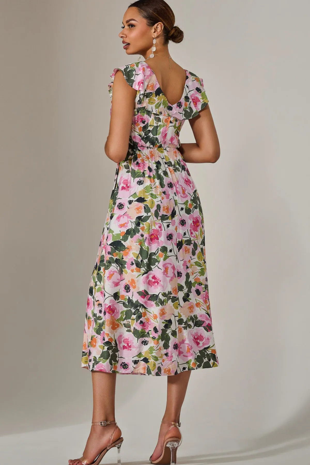 Jolie Moi Occasion Dresses|Weekend Casuals-Frill V Neck Midaxi Dress, Multi Floral