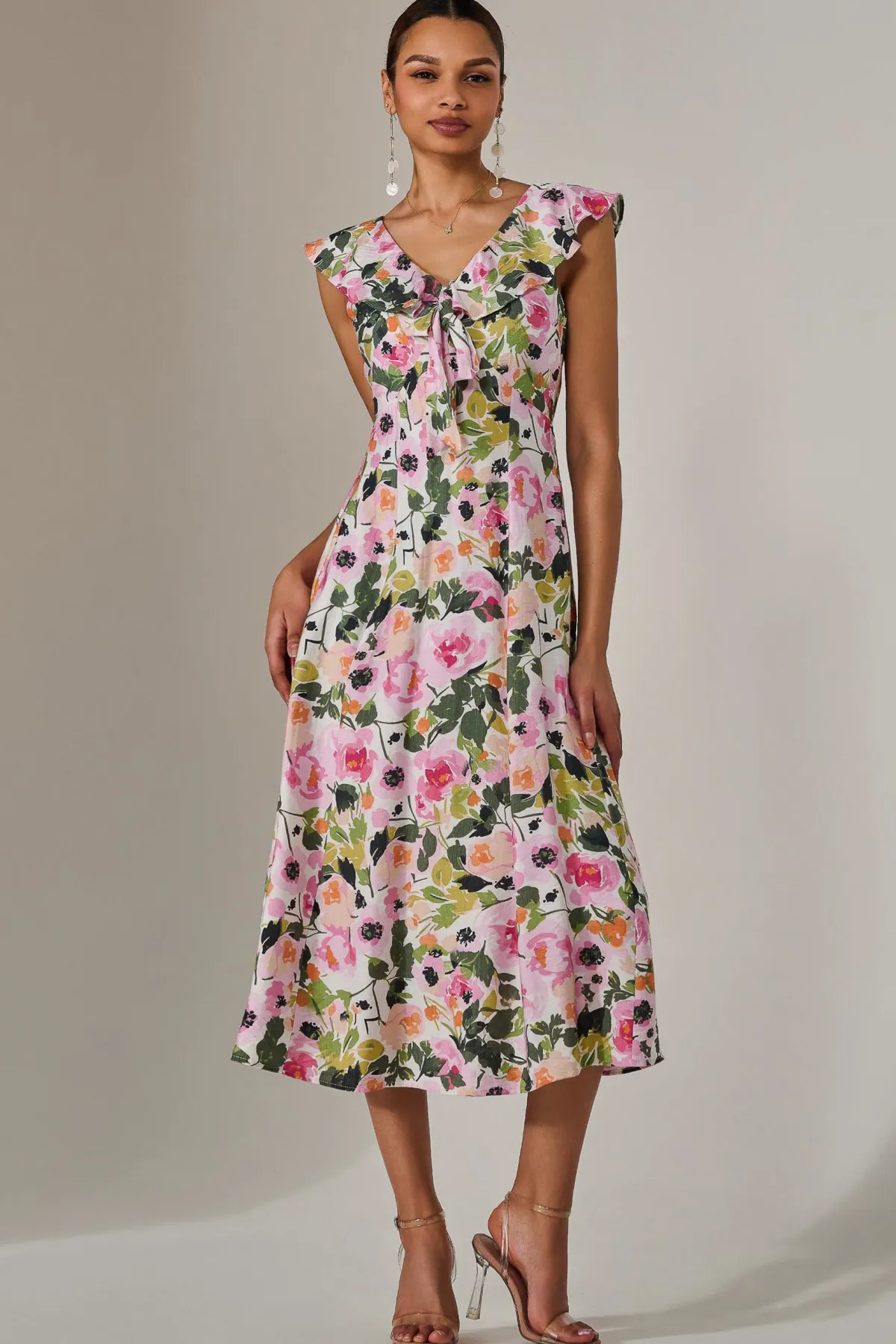 Jolie Moi Occasion Dresses|Weekend Casuals-Frill V Neck Midaxi Dress, Multi Floral