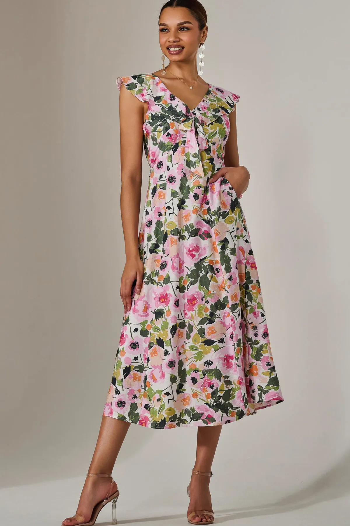 Jolie Moi Occasion Dresses|Weekend Casuals-Frill V Neck Midaxi Dress, Multi Floral