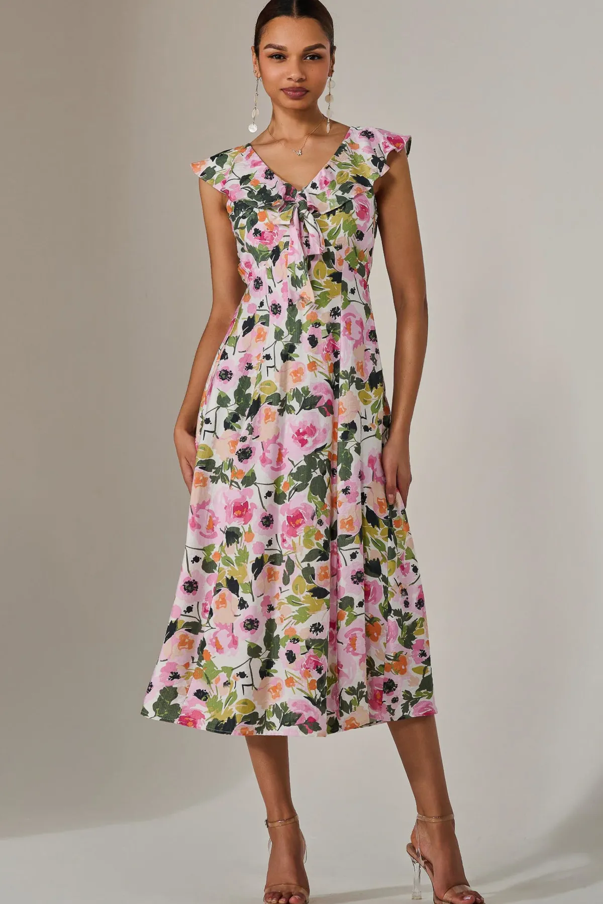 Jolie Moi Occasion Dresses|Weekend Casuals-Frill V Neck Midaxi Dress, Multi Floral