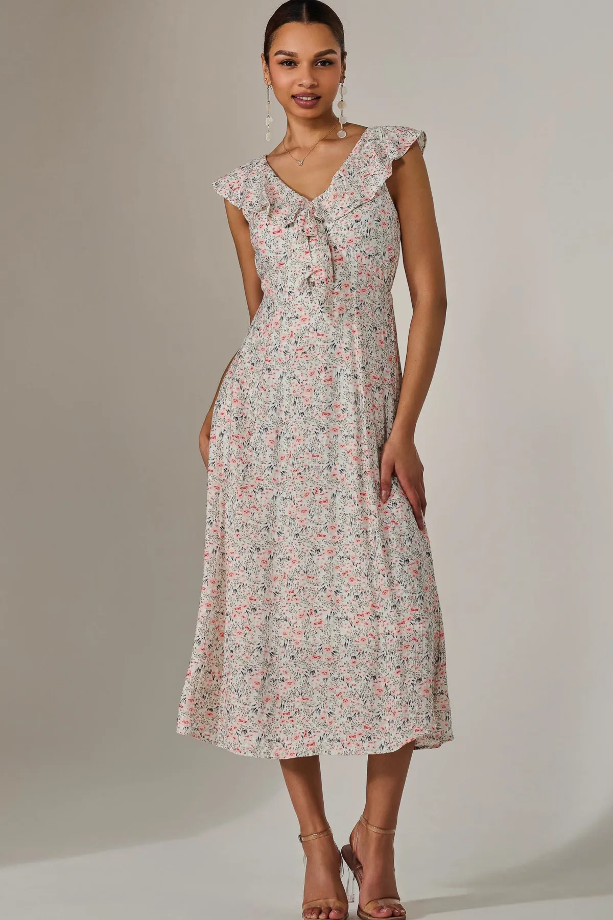 Jolie Moi Occasion Dresses|Floral Dresses-Frill V Neck Midaxi Dress, Pink Abstract