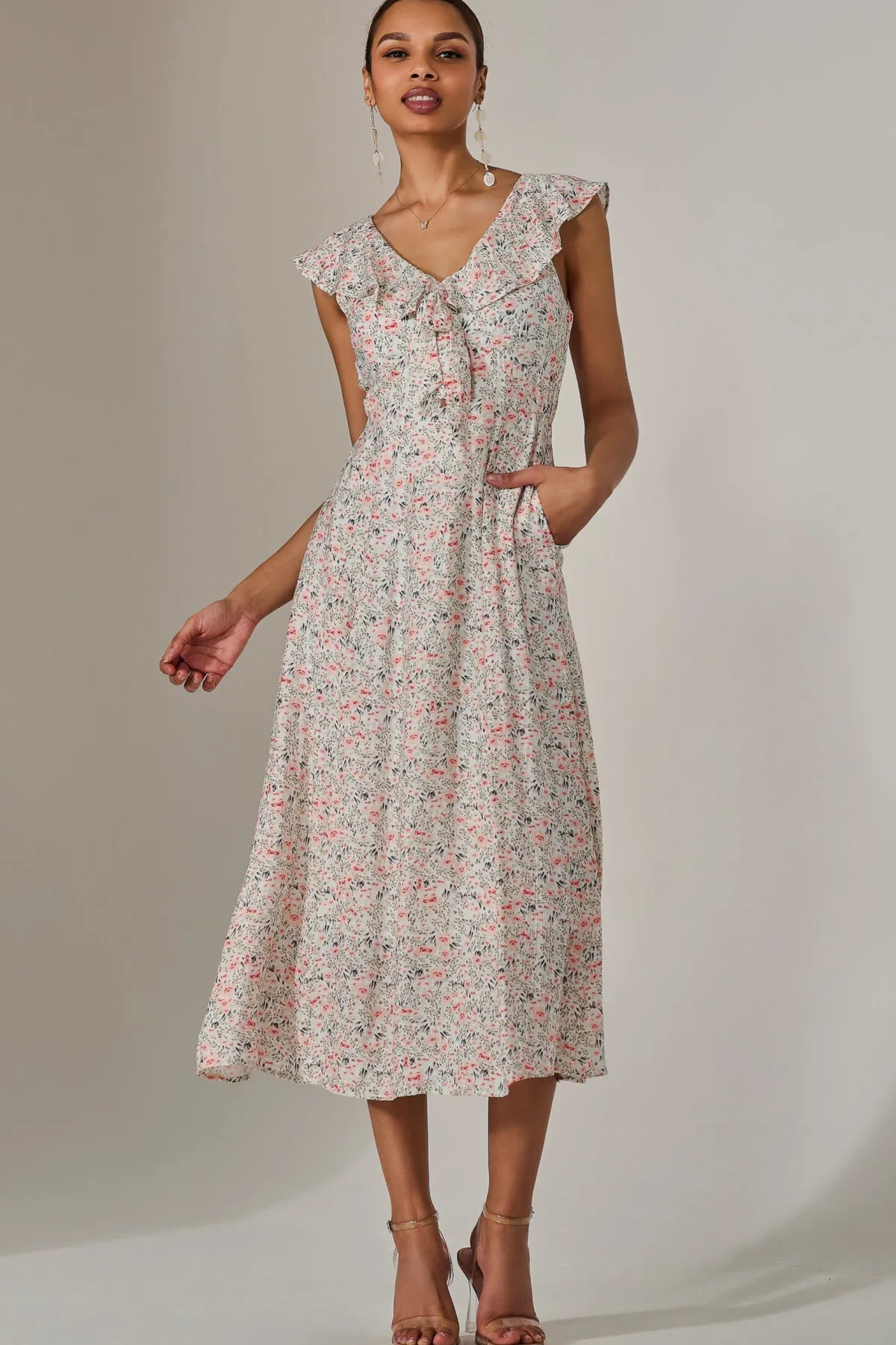 Jolie Moi Occasion Dresses|Floral Dresses-Frill V Neck Midaxi Dress, Pink Abstract
