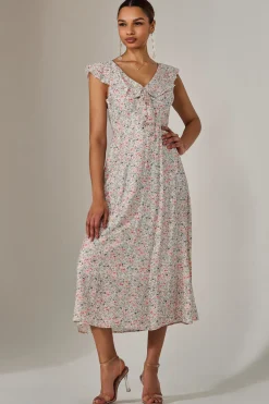 Jolie Moi Occasion Dresses|Floral Dresses-Frill V Neck Midaxi Dress, Pink Abstract