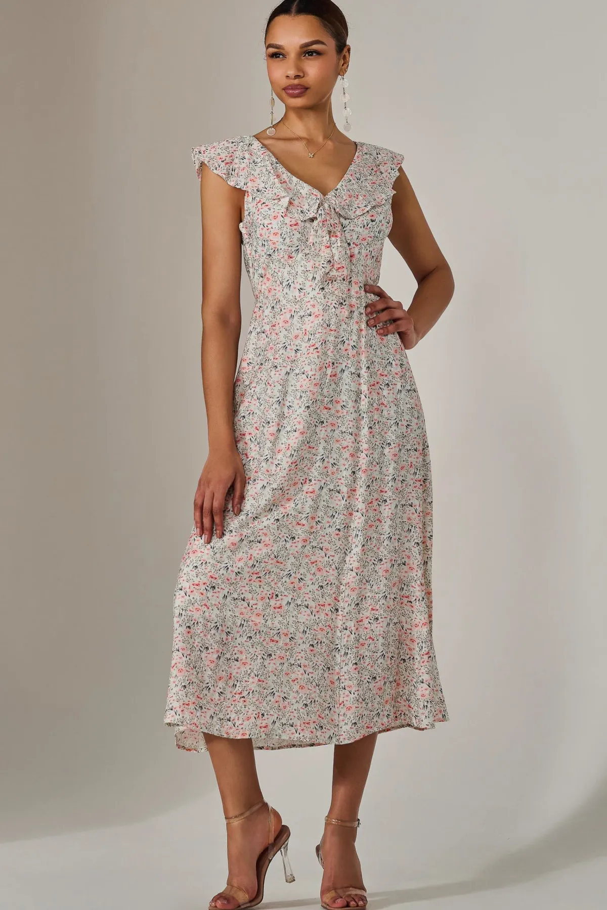 Jolie Moi Occasion Dresses|Floral Dresses-Frill V Neck Midaxi Dress, Pink Abstract