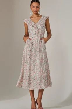 Jolie Moi Occasion Dresses|Floral Dresses-Frill V Neck Midaxi Dress, Pink Abstract