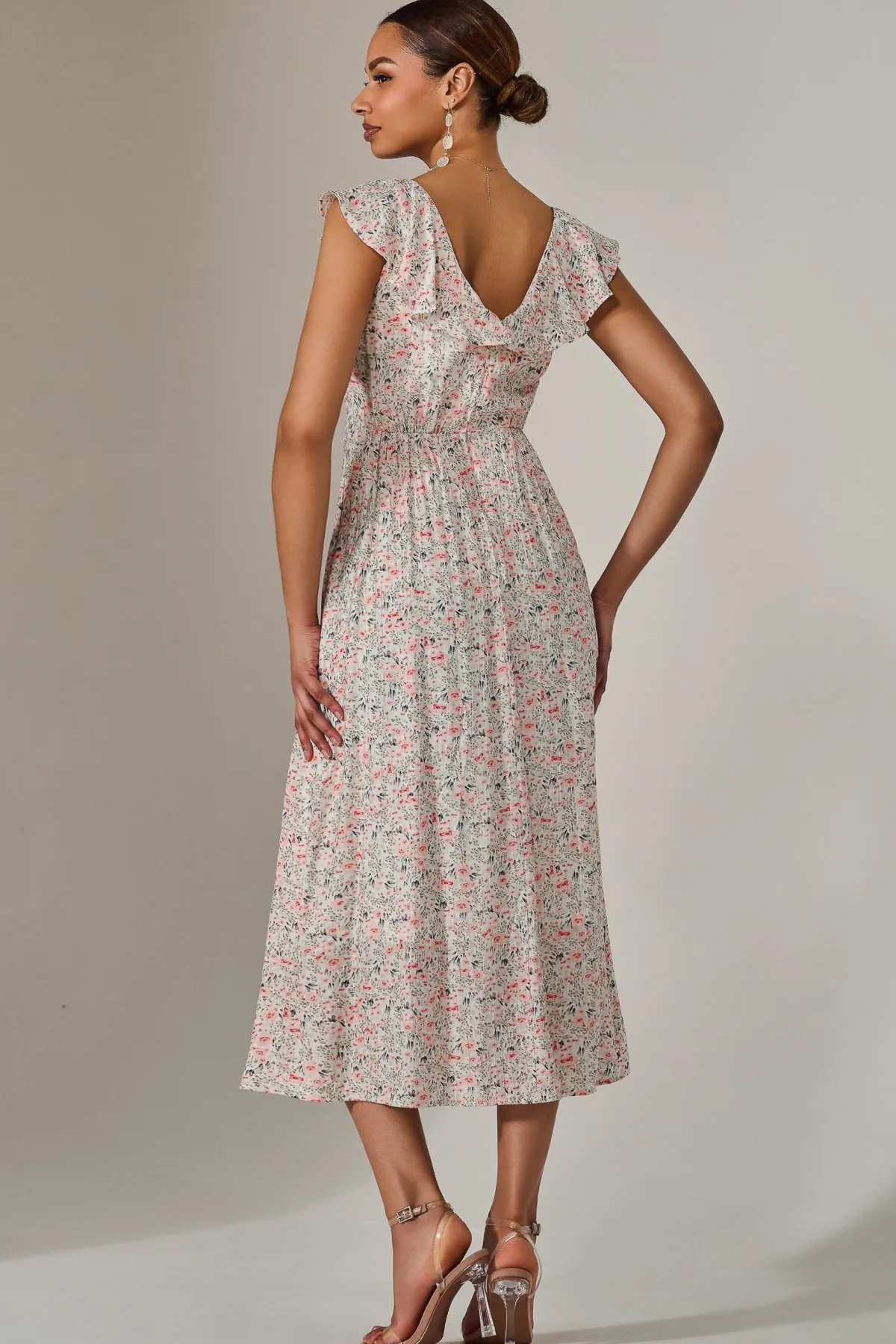 Jolie Moi Occasion Dresses|Floral Dresses-Frill V Neck Midaxi Dress, Pink Abstract