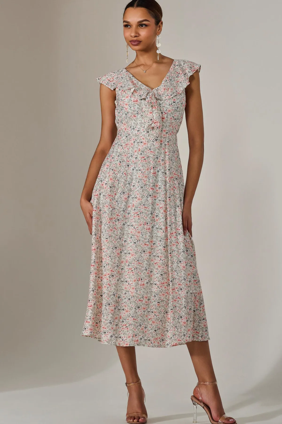 Jolie Moi Occasion Dresses|Floral Dresses-Frill V Neck Midaxi Dress, Pink Abstract